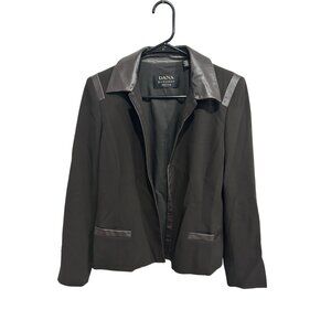 Dana Buchman Leather Trim Open Front Black Blazer Size 4 Petite Modern Edgy